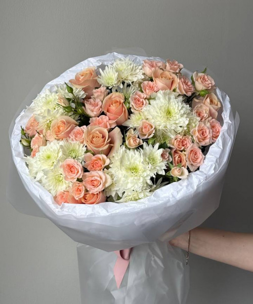 Букет с розами и хризантемами #3849 - Цветочный21
