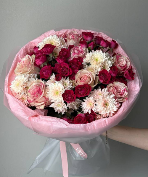 Букет с хризантемами и розами #3847 - Цветочный21