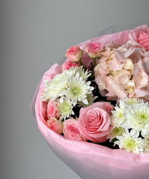 Букет из гортензии, хризантем и роз #3852 - Цветочный21