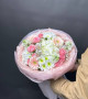 Букет из гортензии, хризантем, гермини и кустовых роз в круглой упаковке #3607