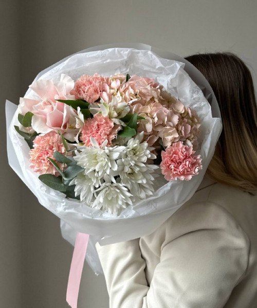 Цветы маме - гортeнзии, гвоздики, хризантемы, розы и альстромeрии #3730 - Цветочный21