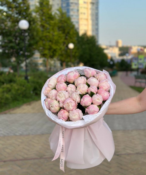 Моно букет пионов - 25 цветов 40 см в круглой упаковке #3667 - Цветочный21 Моно букет пионов - 25 цветов 40 см в круглой упаковке #3667 - Цветочный21